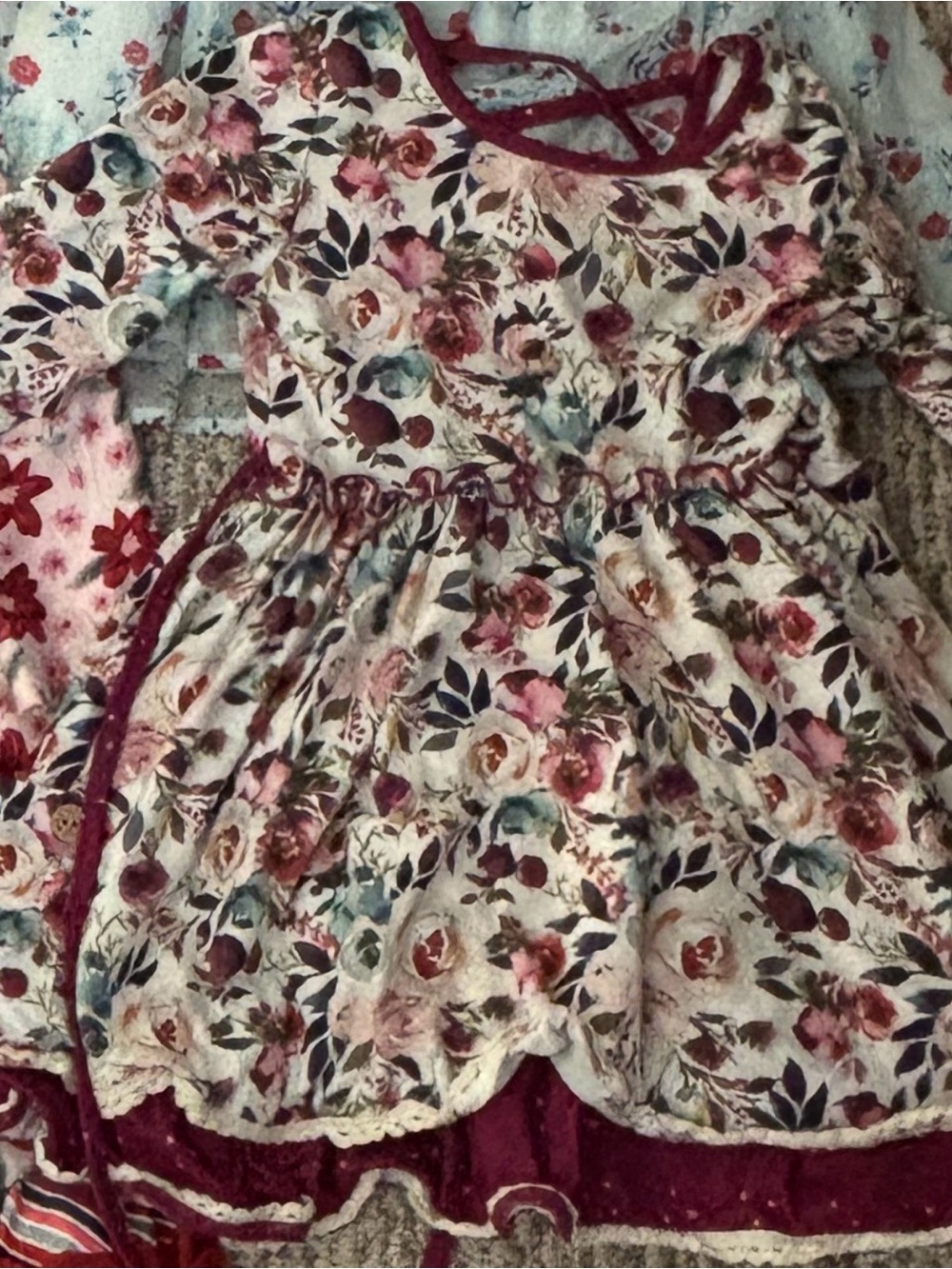 cheeky plum Floral Skirted Dress in Burgundy, Cream, Pink and Green